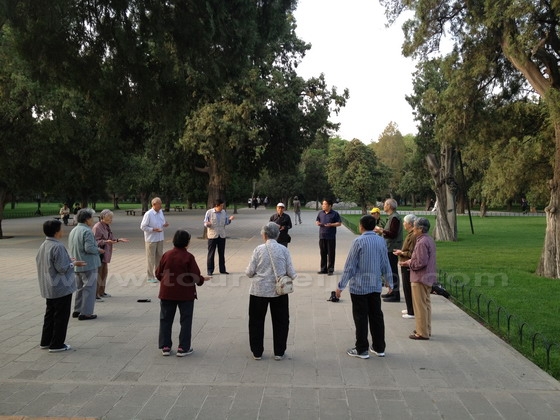 People standing in a circle playing qigong