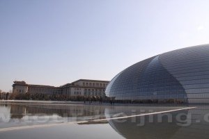 The exterior of National Grand Theatre looks like an eggshell half cut