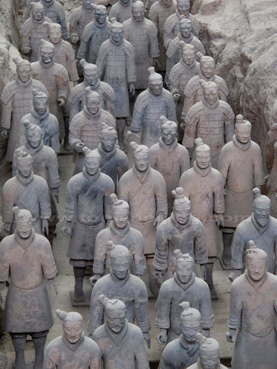 The terra-cotta soliders in military formation with unique facial expressions 