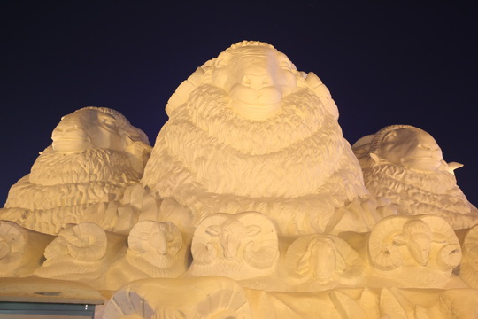 Three huge snow sheep over 10 meter high