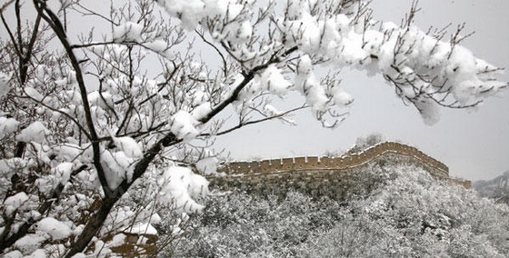 Snowing on the Great Wall of China around Beijing