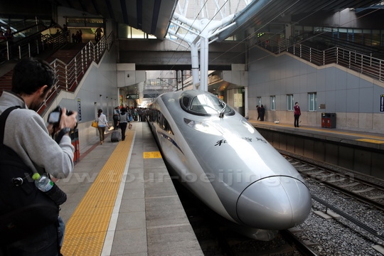 The train is sleek, thin and long with its head looking like a plane.