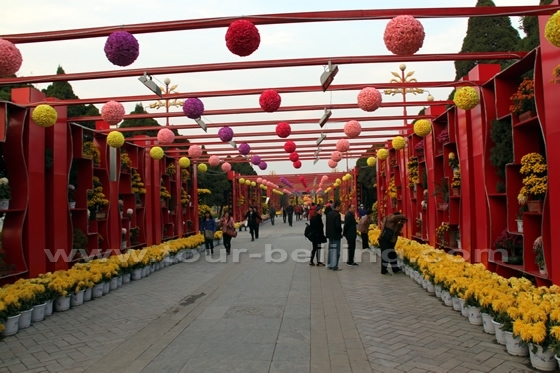  the long corridor of red railings that have also been beautified with bots and trees of flowers