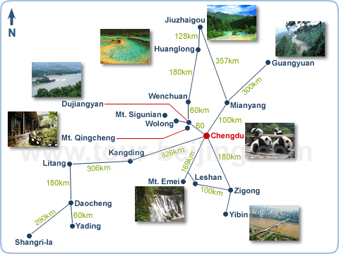 Attractions 400km Around Chengdu Sketch Map