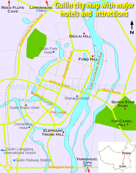 Guilin city map with major hotels and attractions