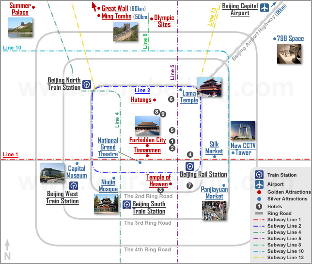 Beijing Tourist Map ( Sights, Hotels, Subway, Rail and Airport)