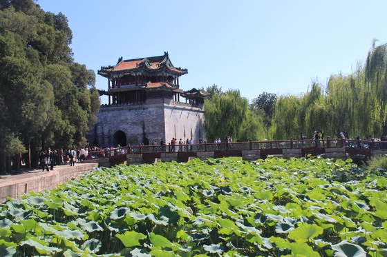 View the Wenchang Gallery in a distance sandwiched by willows and pines