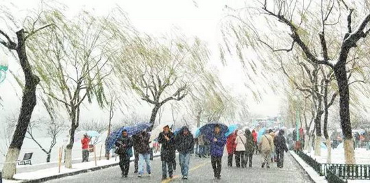 Braving the snow along Bai Causeway