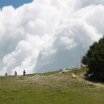 people standing high on the hill with the backdrop of white clouds, green alpine meadows.
