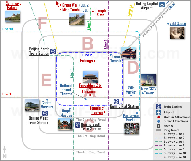 Beijing Hotel Area Map( Hotels, Sights, Subway, Rail and Airport)